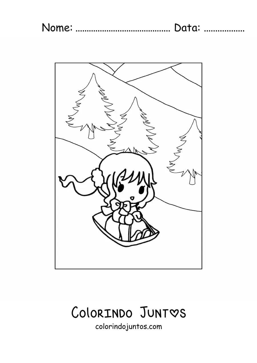Desenho para colorir de uma menina kawaii com um treno