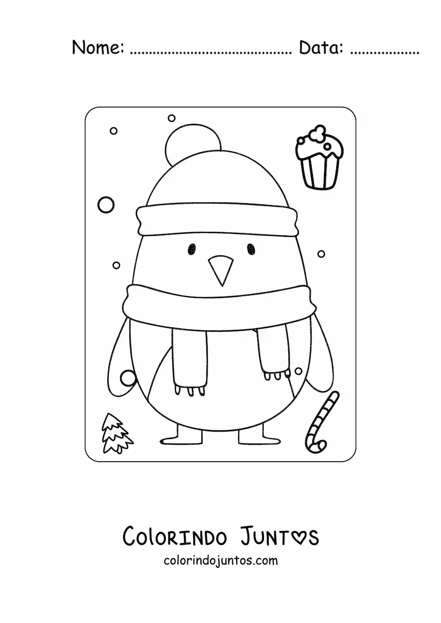 Desenho para colorir de um pinguim kawaii no inverno