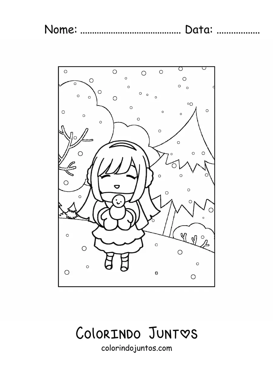 Desenho para colorir de uma menina em uma floresta de inverno