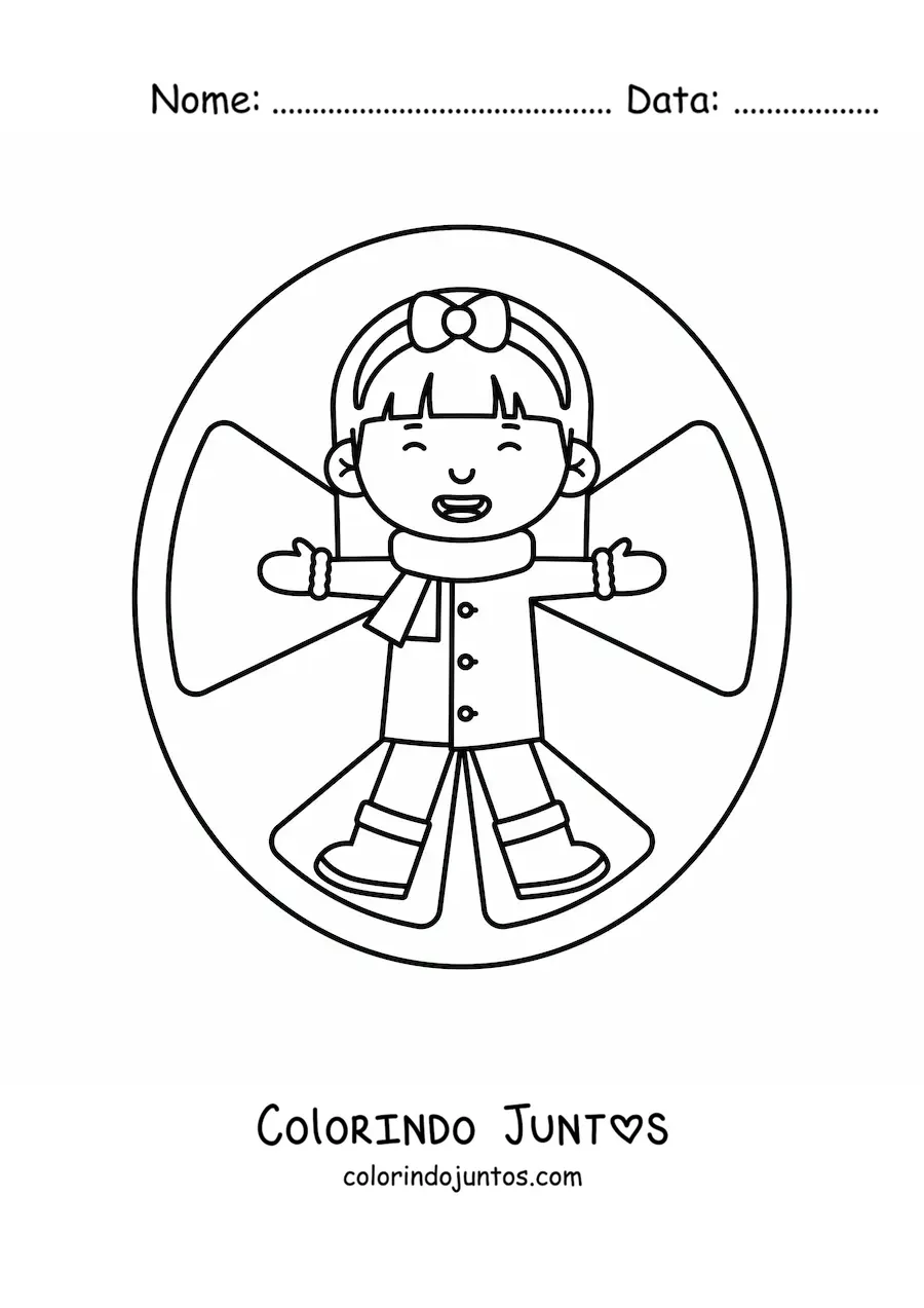Desenho para colorir de uma criança fazendo um anjo na neve