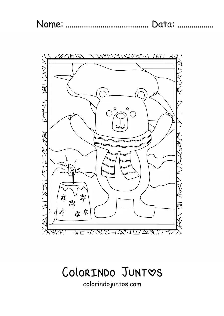 Desenho para colorir de um urso animado no inverno