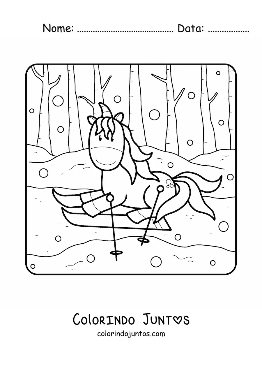 Desenho para colorir de um unicórnio animado esquiando no inverno