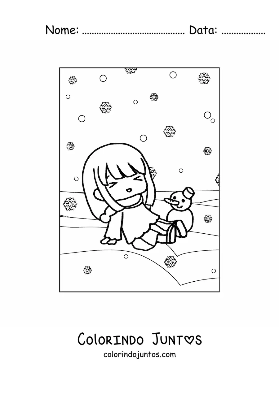 Desenho para colorir de uma menina kawaii em uma nevasca de inverno