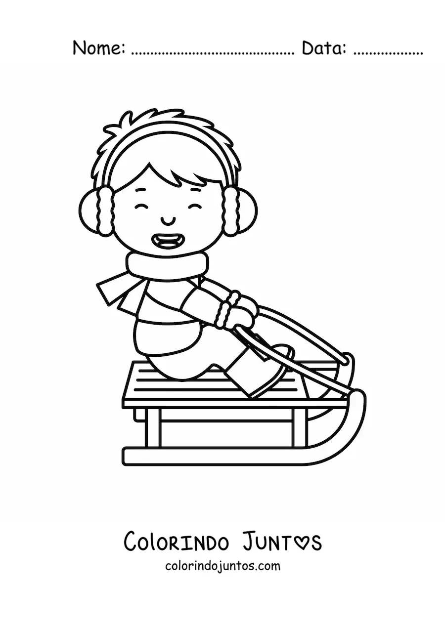 Desenho para colorir de um menino feliz em um trenó