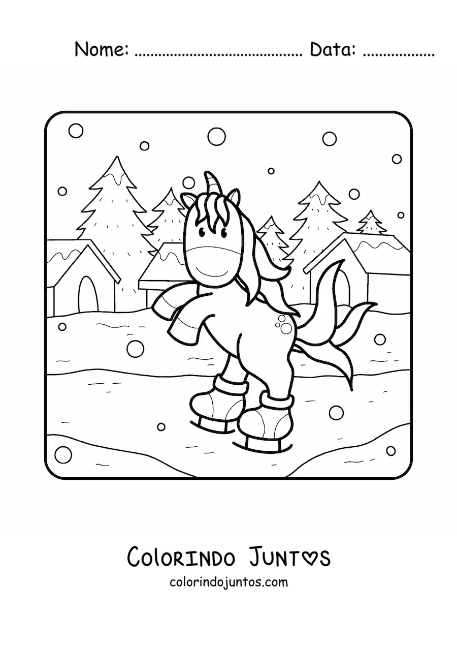 Desenho para colorir de um unicórnio patinando no gelo no inverno