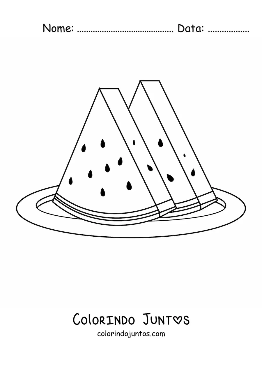 Desenho para colorir de dois pedaços de melancia sobre um prato