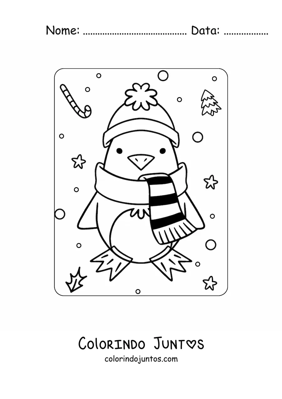 Desenho para colorir de um pinguim kawaii com cachecol no inverno