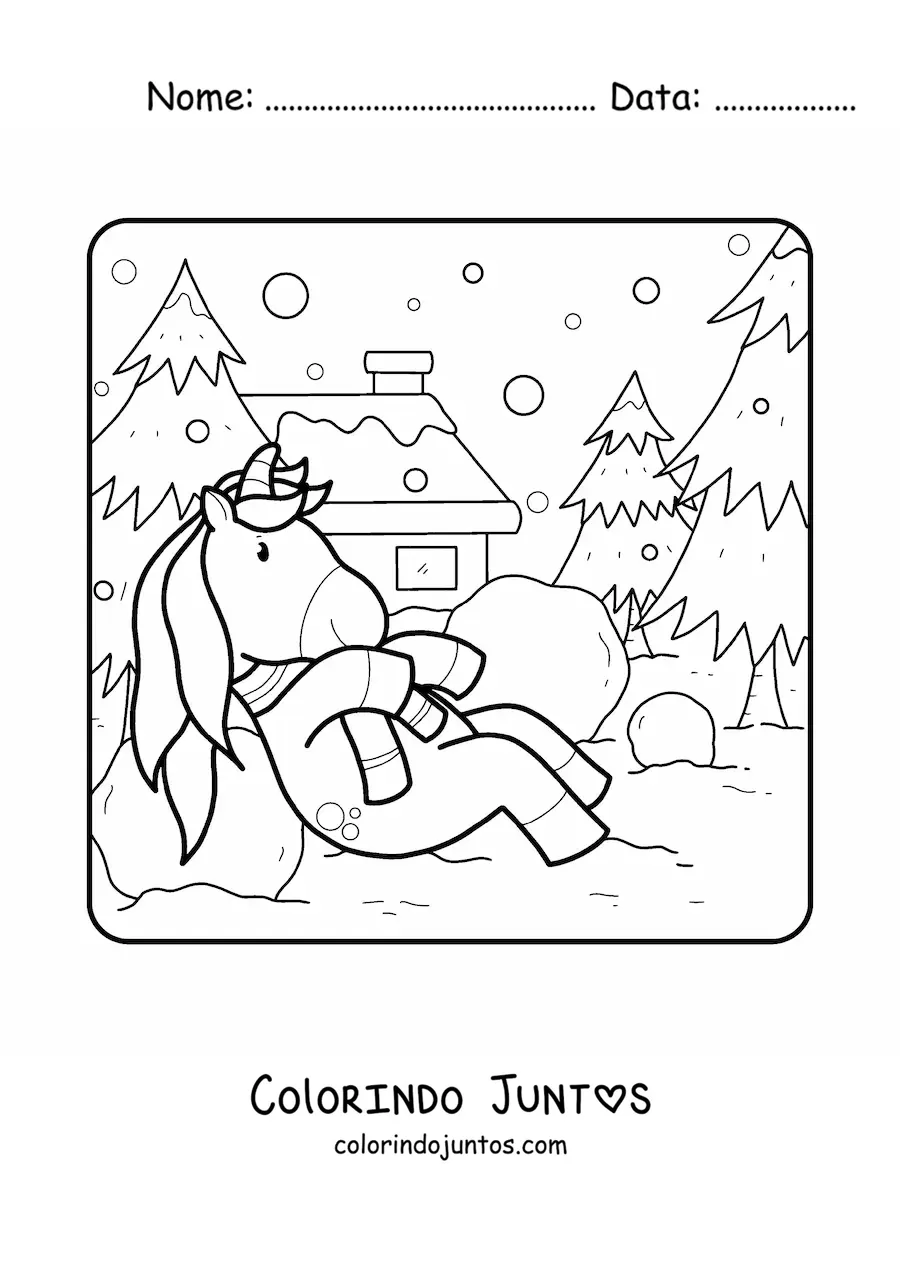 Desenho para colorir de um unicórnio animado brincando na neve