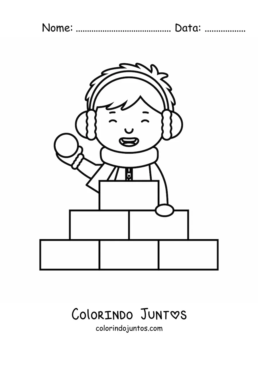 Desenho para colorir de um menino com vários blocos de neve