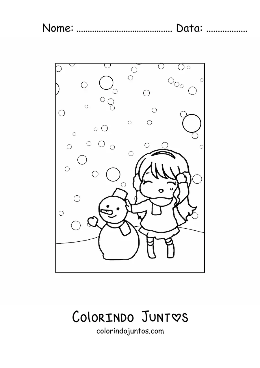Desenho para colorir de uma menina kawaii em uma nevasca com um boneco de neve