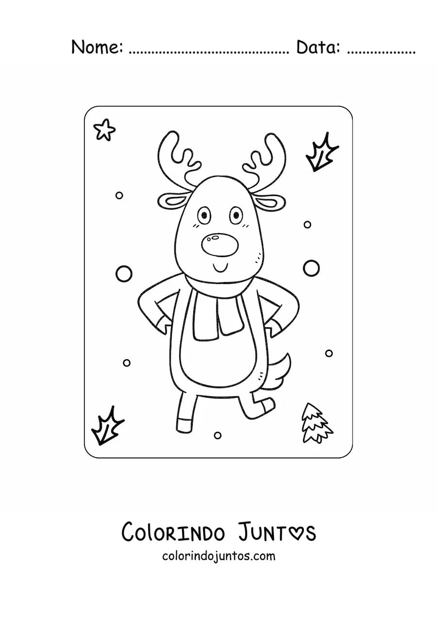 Desenho para colorir de uma rena animada com um cachecol de inverno