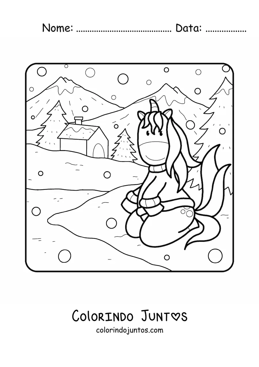 Desenho para colorir de um unicórnio animado em uma paisagem de inverno