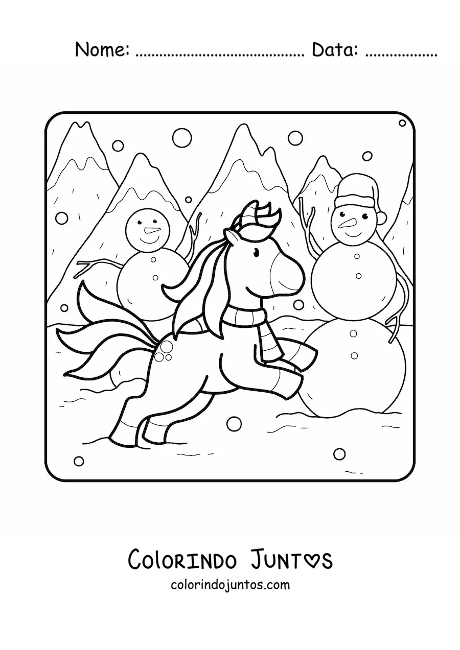 Desenho para colorir de um unicórnio ao lado de vários bonecos de neve