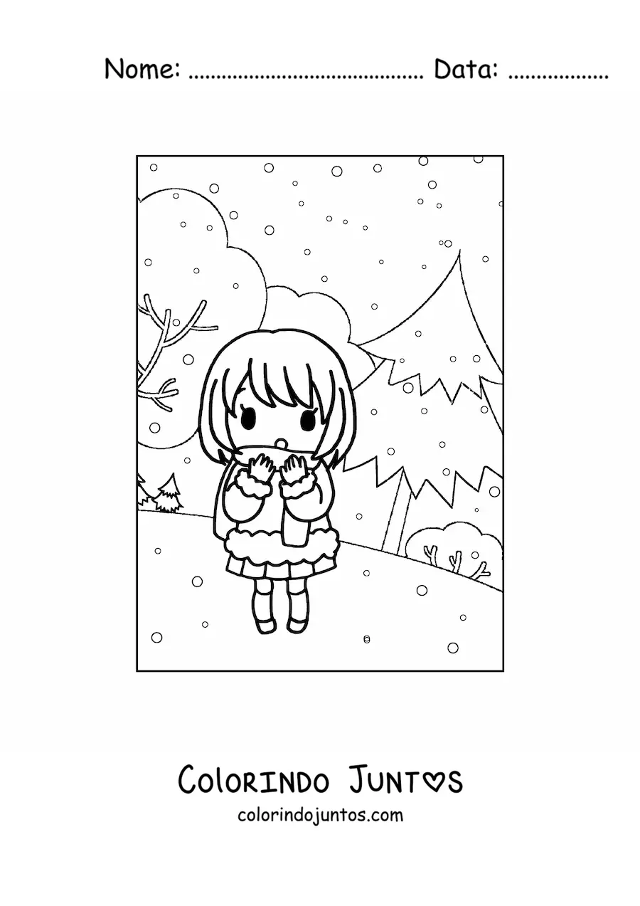 Desenho para colorir de uma menina kawaii em uma paisagem de inverno