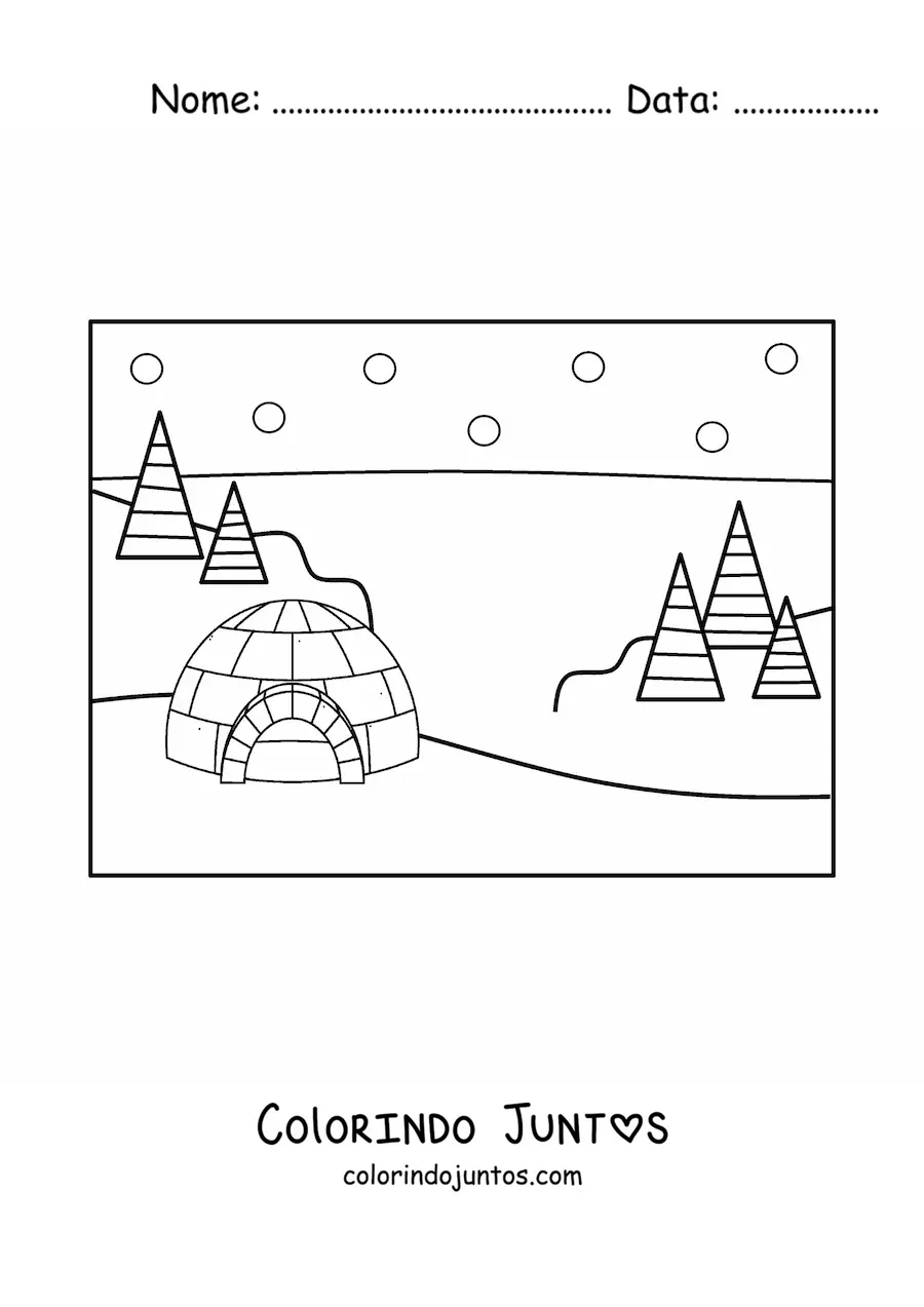 Desenho para colorir de uma paisagem nevada com um iglu