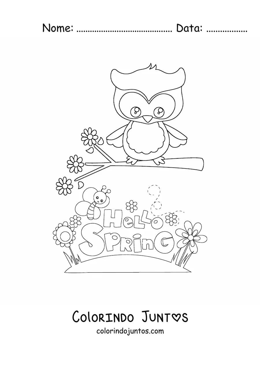 Desenho para colorir de uma coruja e uma abelha ao lado da palavra spring