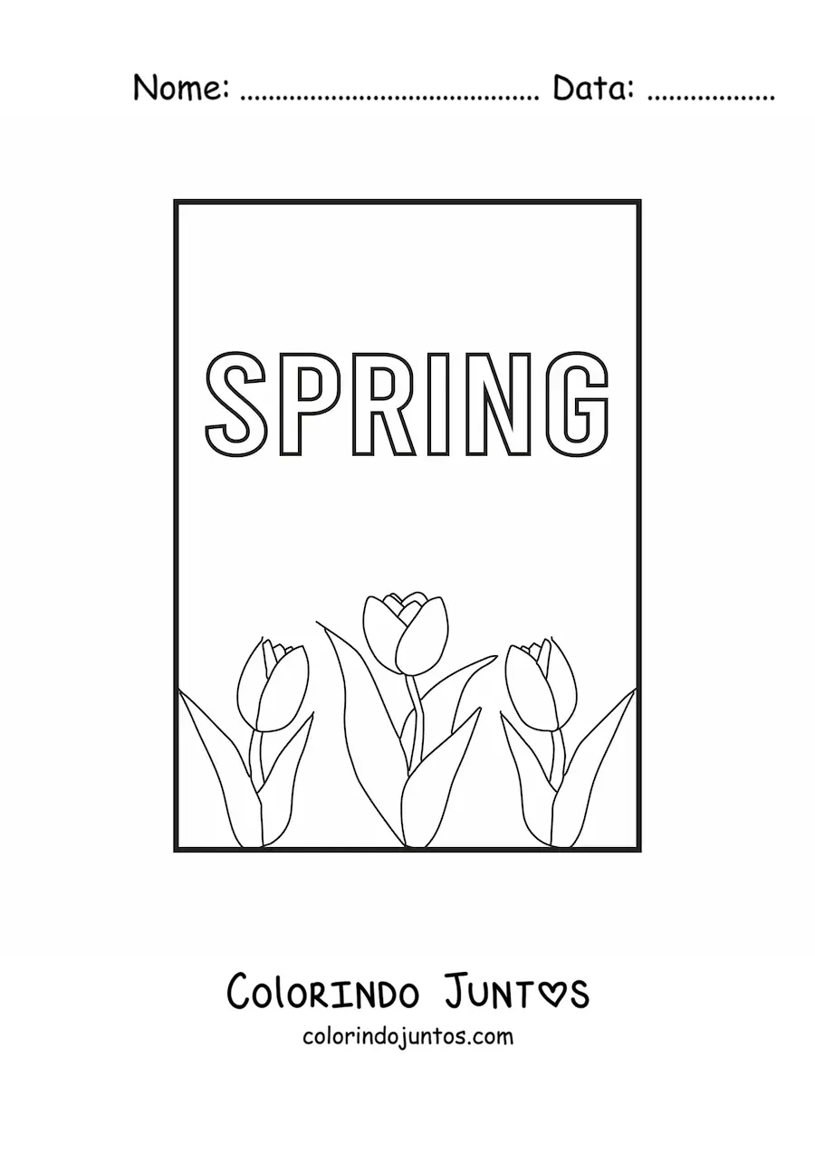 Desenho para colorir de várias tulipas e a palavra spring