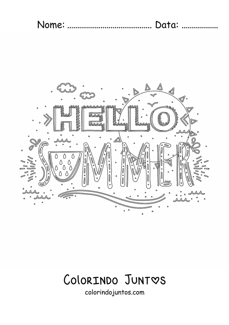 Desenho para colorir da palavra summer com elementos do verão