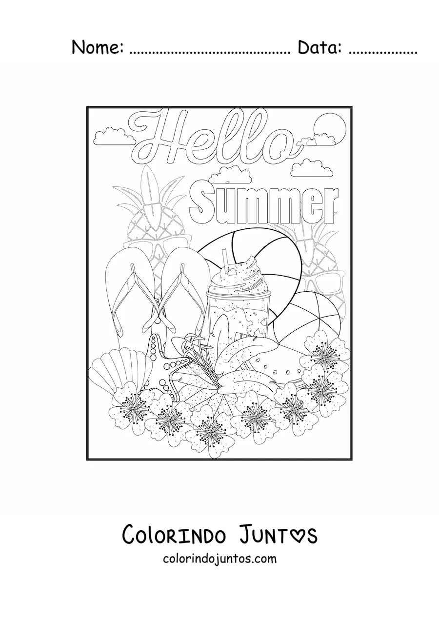 Desenho para colorir de vários elementos do verão e a palavra summer