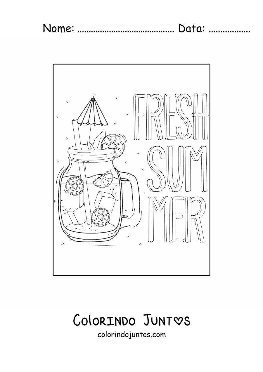 Desenho para colorir de uma bebida refrescante ao lado da palavra summer