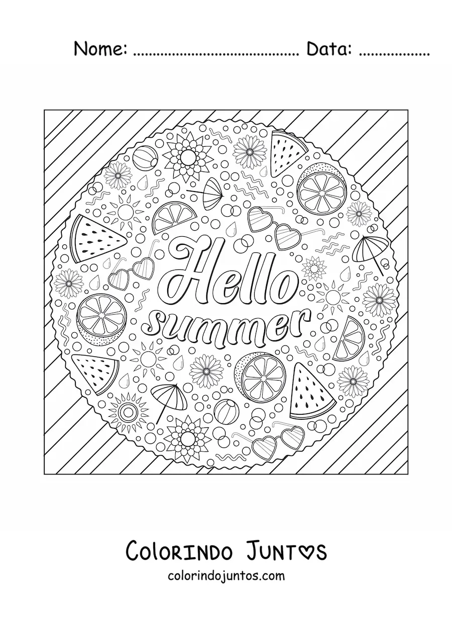 Desenho para colorir de vários elementos do verão ao lado da palavra summer