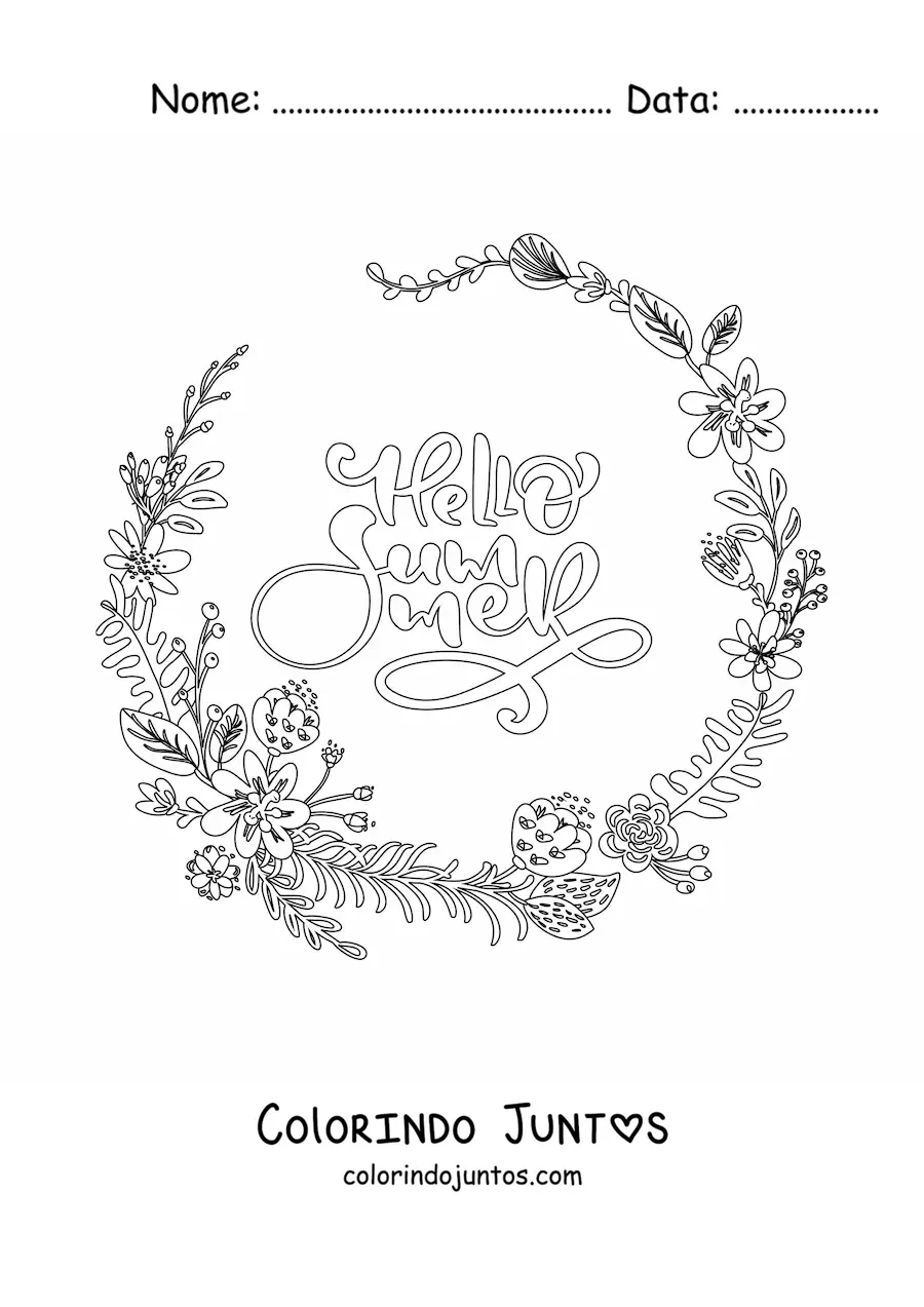 Desenho para colorir de uma coroa de flores tropicais com a palavra summer