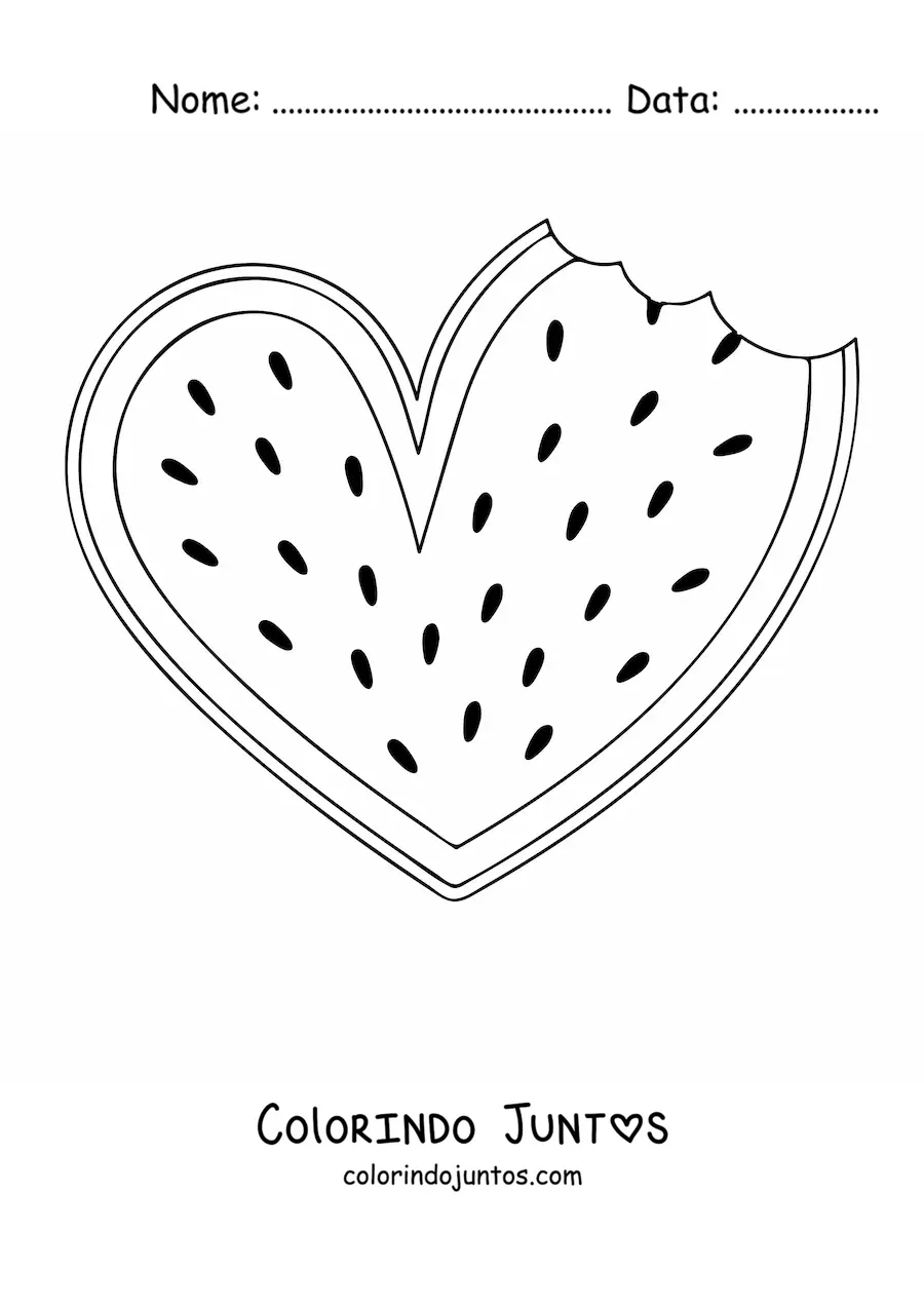 Desenho para colorir de uma melancia em formato de coração mordida de um lado