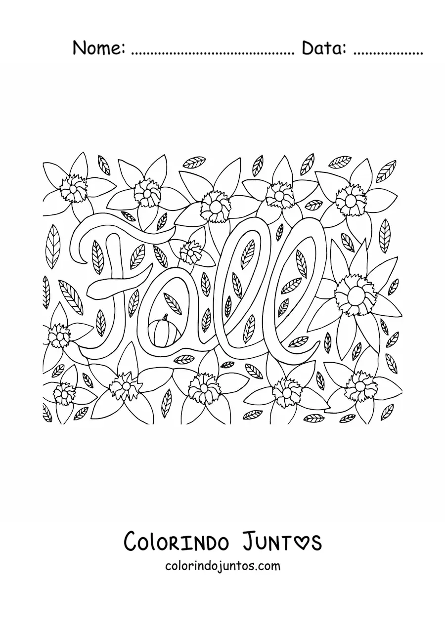Desenho para colorir da palavra fall rodeada de flores e folhas