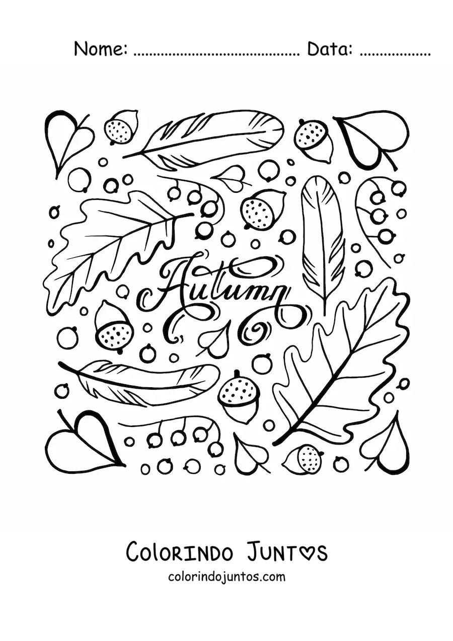 Desenho para colorir da palavra autumn rodeada de folhas secas