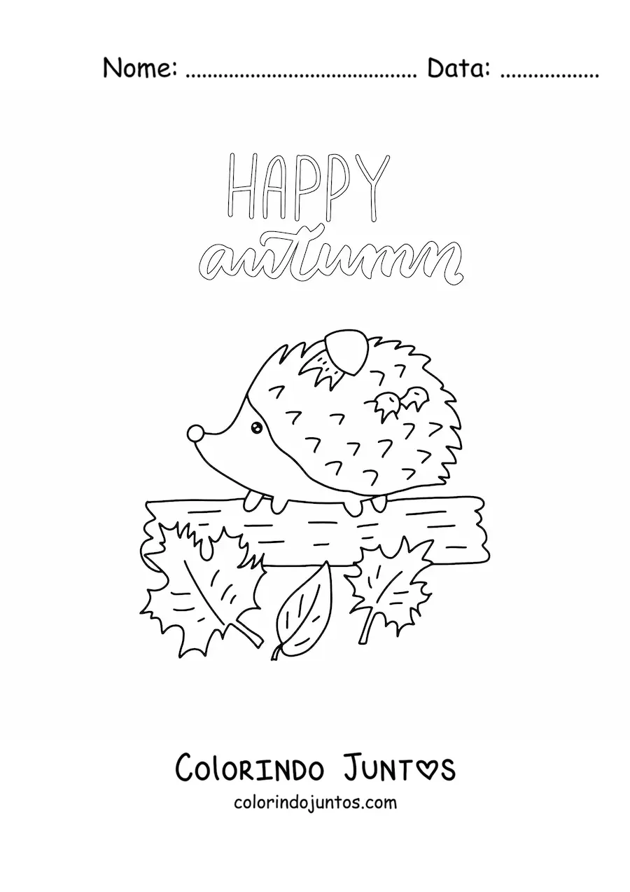 Desenho para colorir de um ouriço kawaii e a palavra autumn