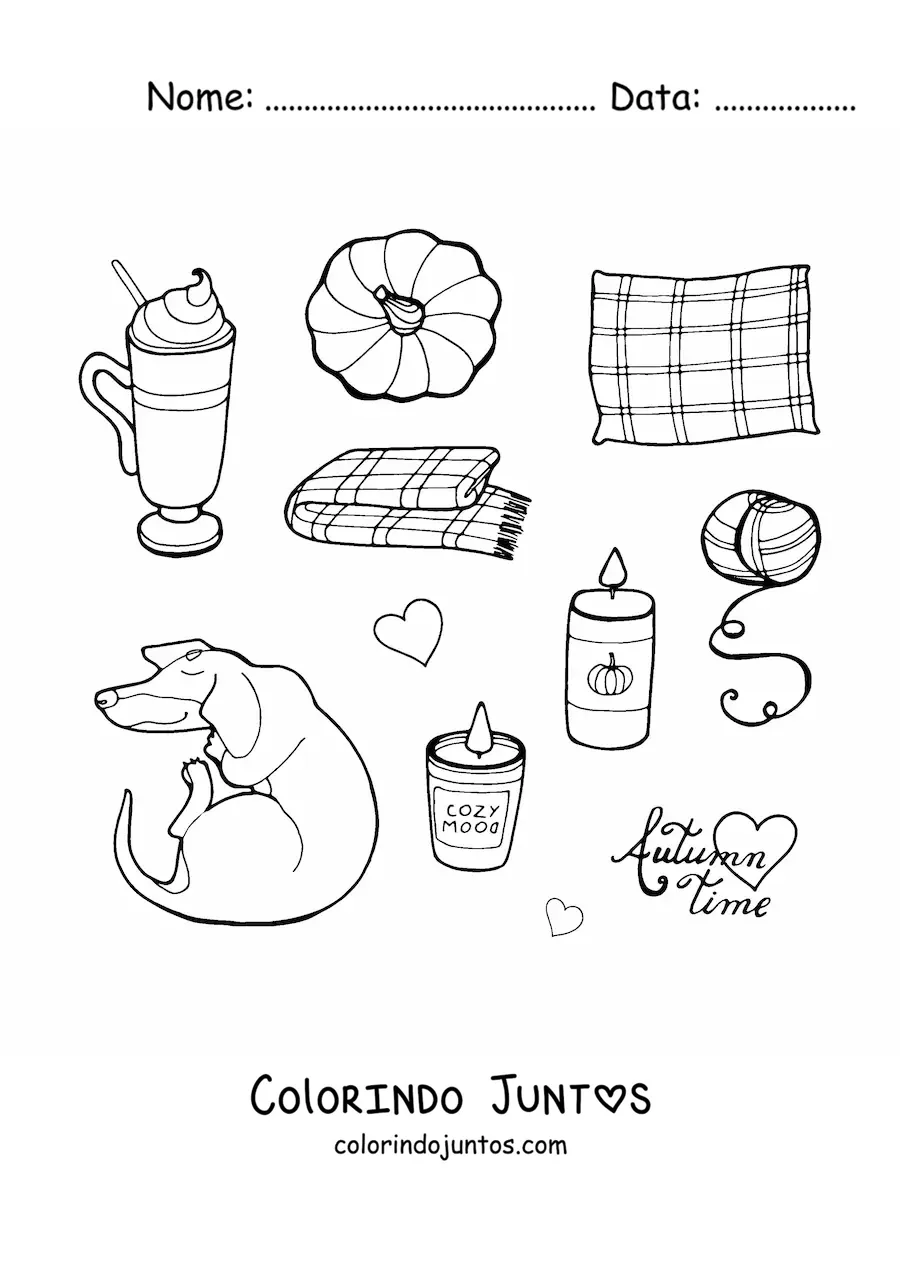 Desenho para colorir de vários elementos de outono e a palavra autumn
