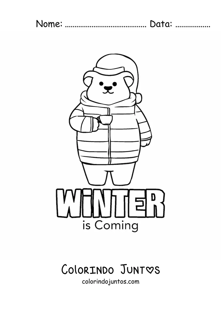 Desenho para colorir de um urso animado agasalhado e a palavra winter