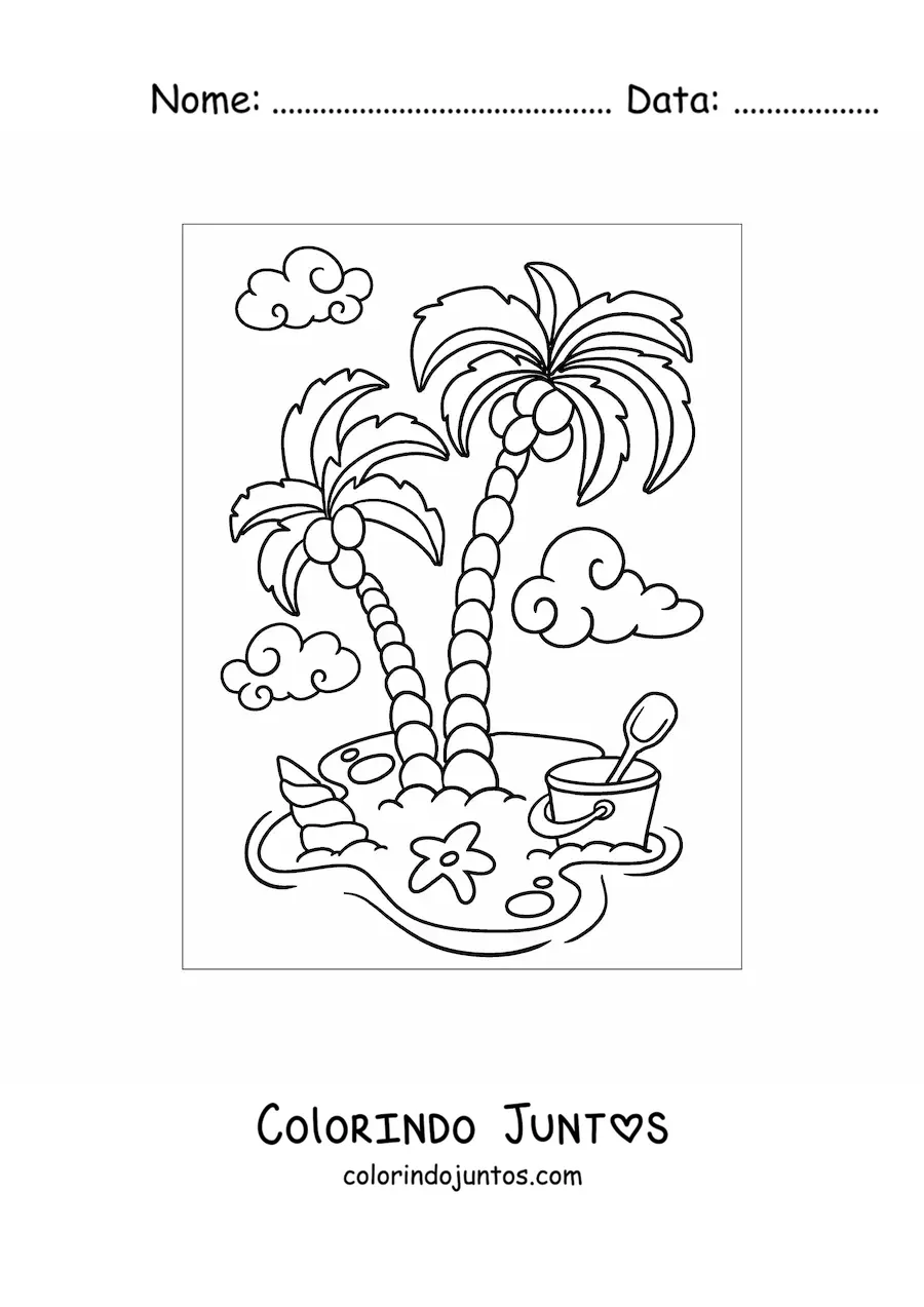Desenho para colorir de uma praia com palmeiras