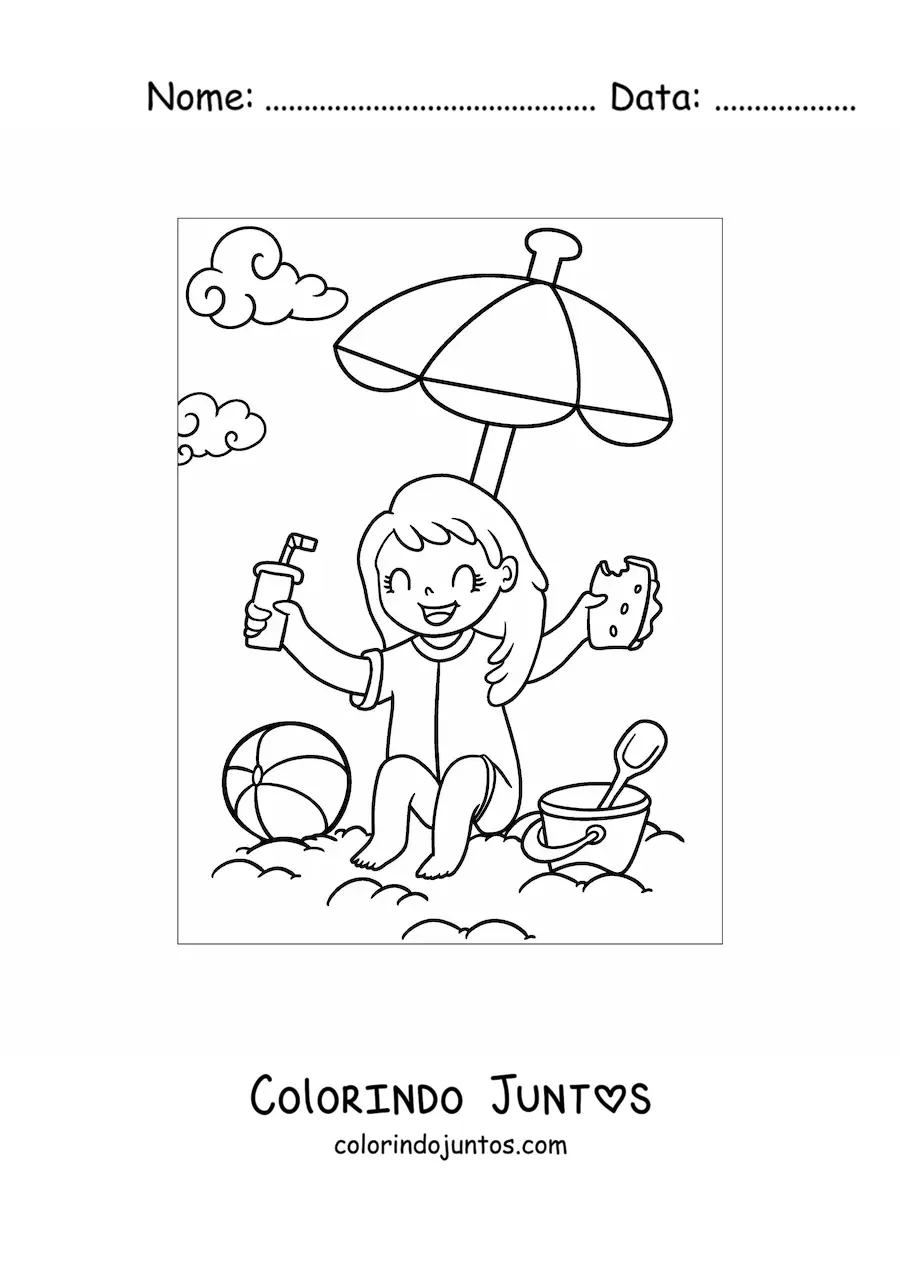 Desenho para colorir de uma menina na praia com um lanche e brinquedos