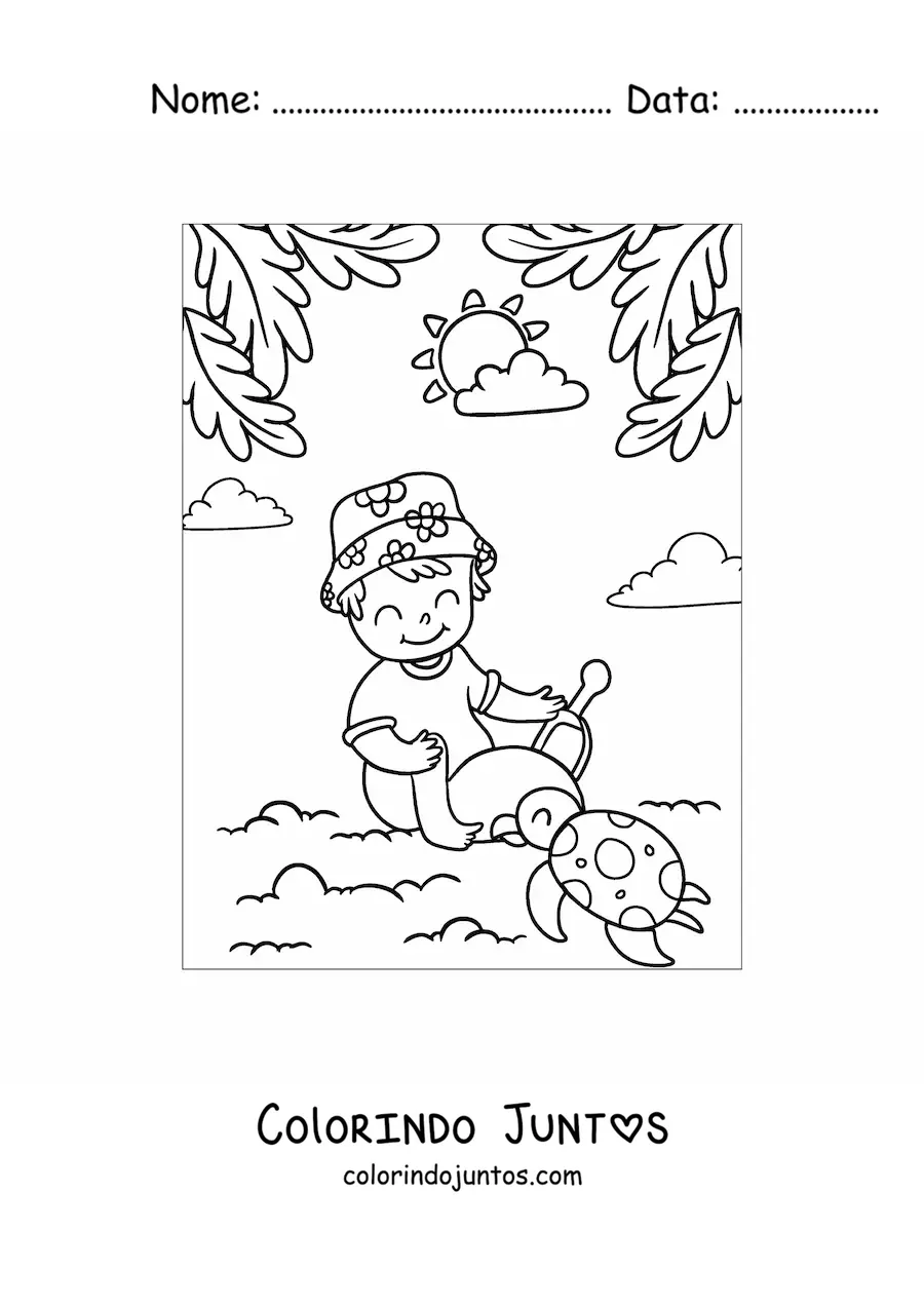Desenho para colorir de um menino brincando com uma tartaruga na praia
