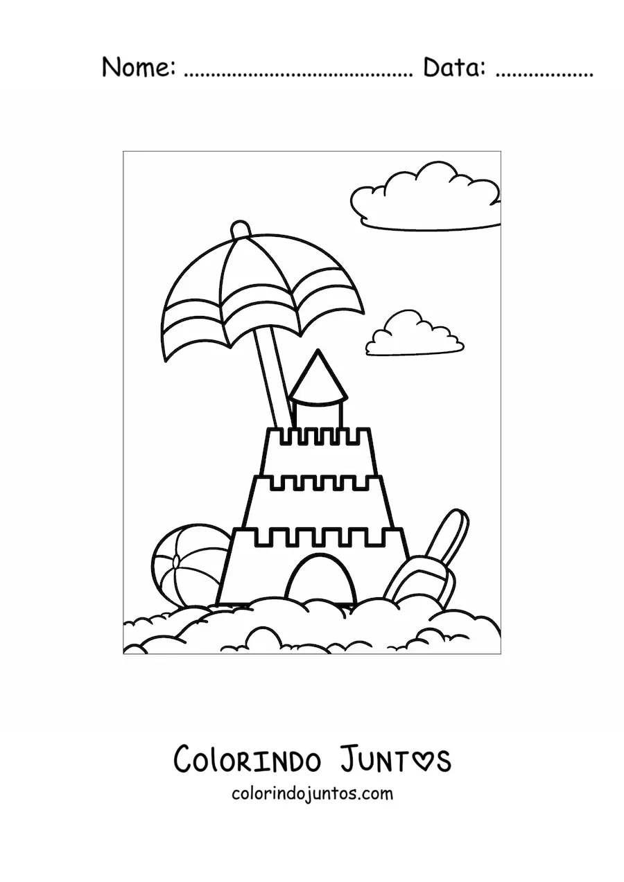Desenho para colorir de um castelo de areia na praia