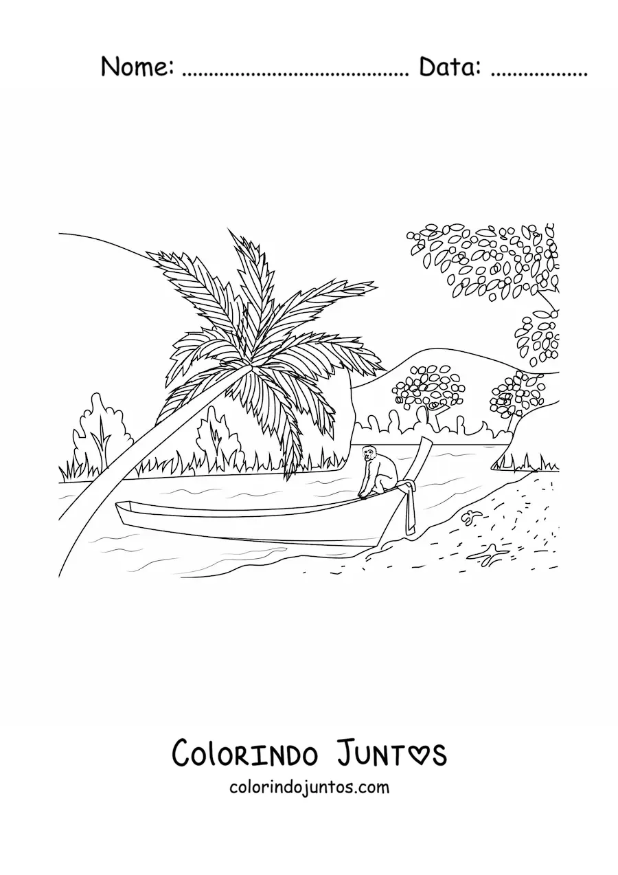 Desenho para colorir de uma baía tropical com palmeiras