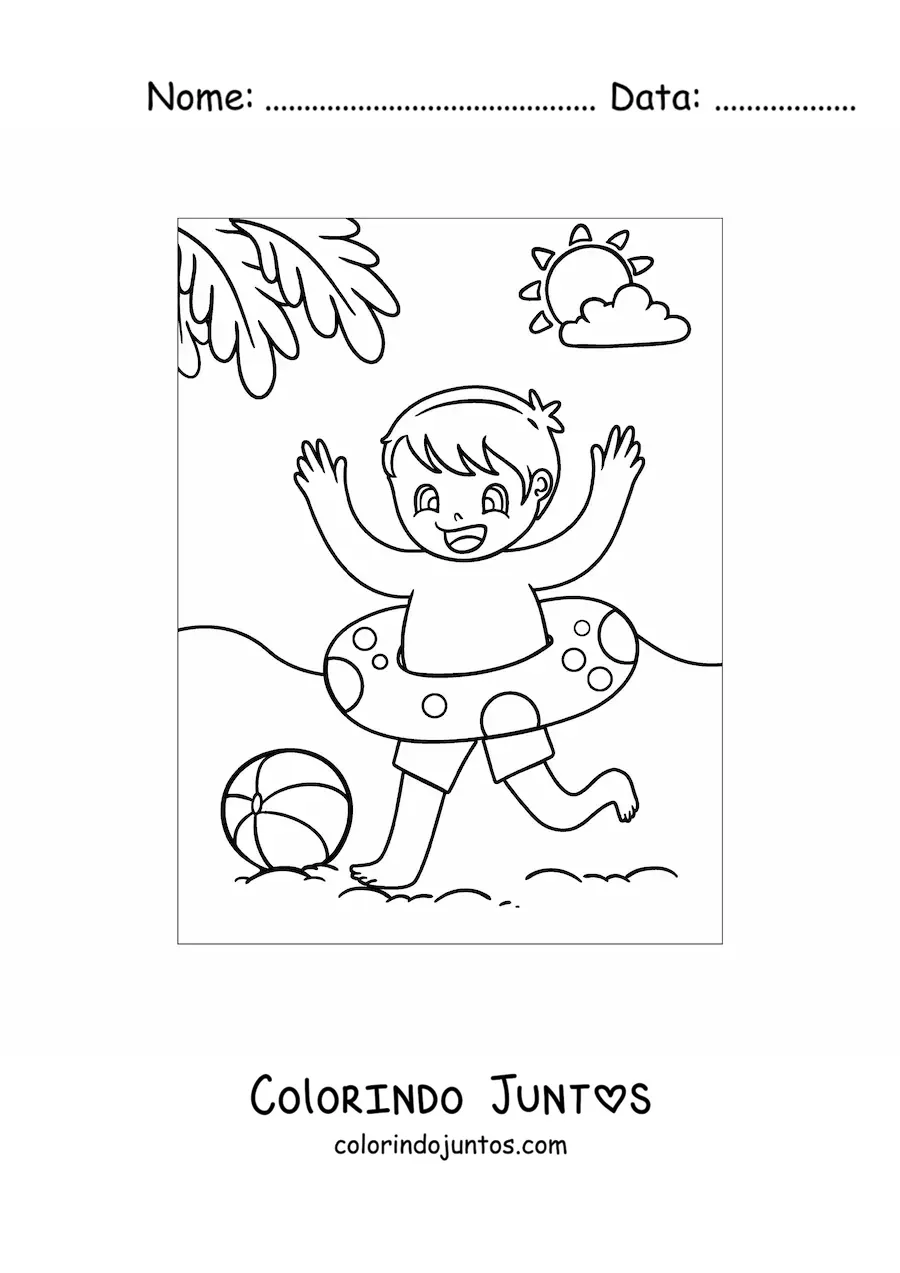 Desenho para colorir de um menino brincando na praia com uma bola e uma boia salva-vidas