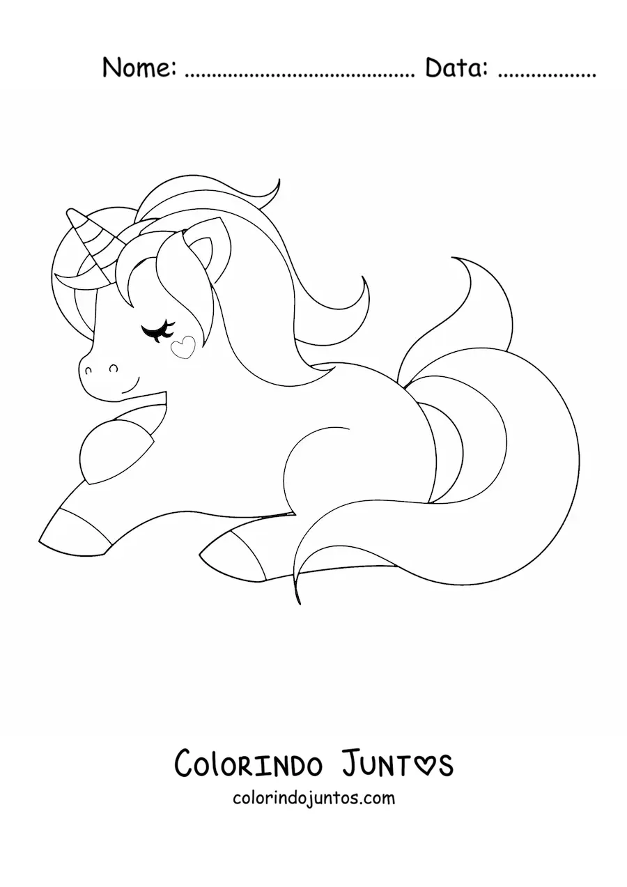 Desenho para colorir de um unicórnio kawaii deitado