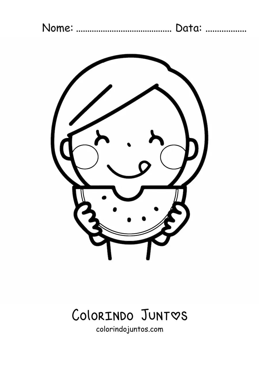 Desenho para colorir de uma menina comendo uma melancia com as duas mãos