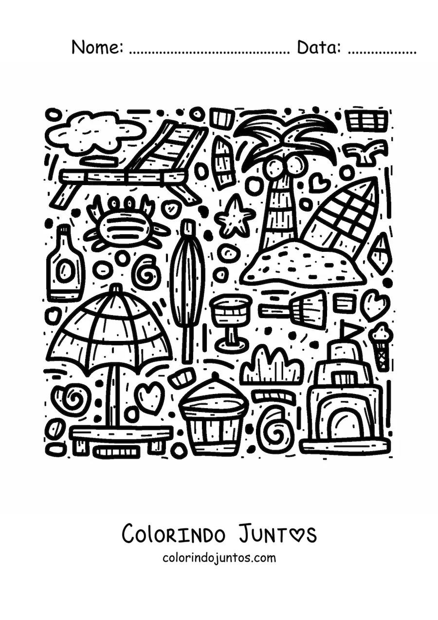 Desenho para colorir de brinquedos, acessórios, plantas, animais e utensílios para a praia