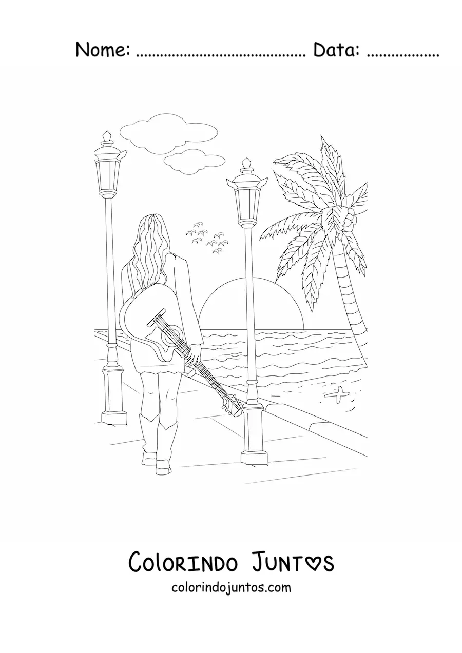 Desenho para colorir de uma garota caminhando em um passeio à beira da praia