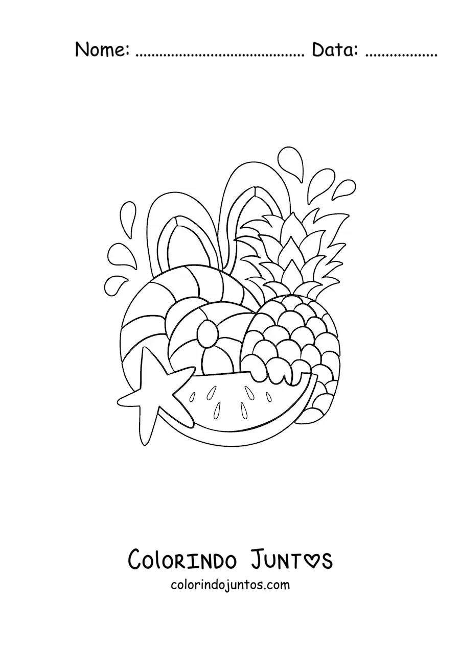 Desenho para colorir de várias frutas e acessórios de praia