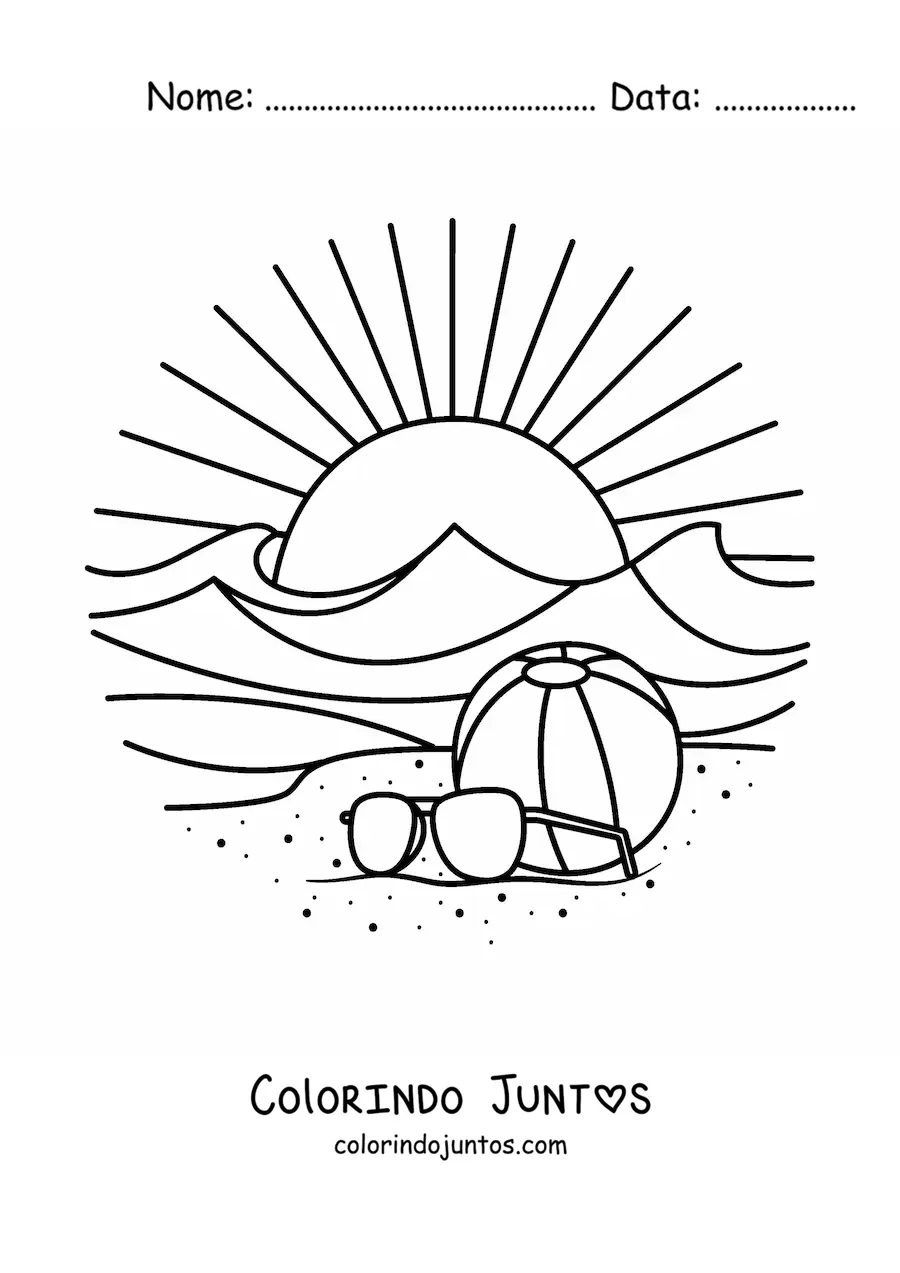 Desenho para colorir de um pôr do sol na praia com uma bola na areia