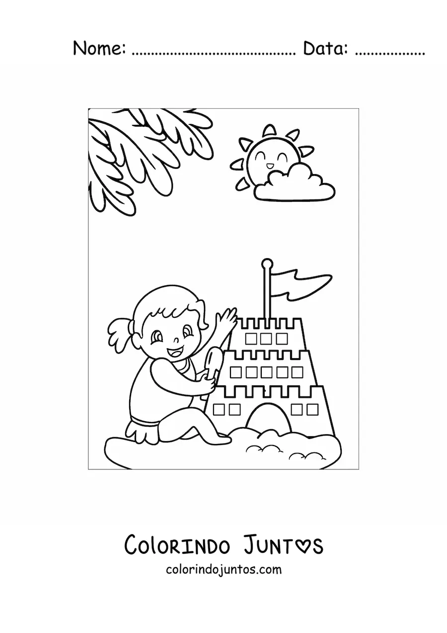 Desenho para colorir de uma menina brincando com um castelo de areia