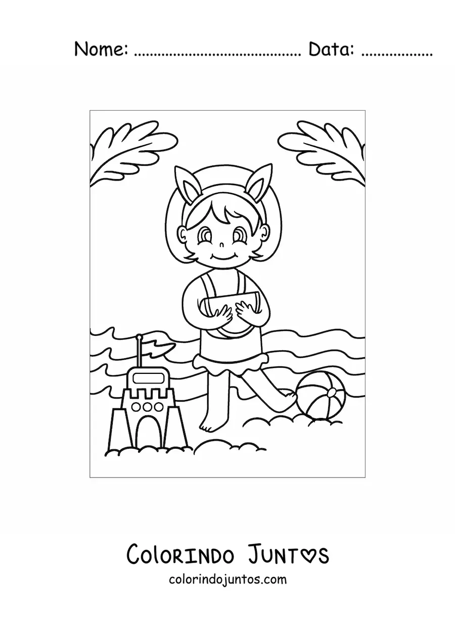 Desenho para colorir de uma menina comendo melancia ao lado de um castelo de areia na praia