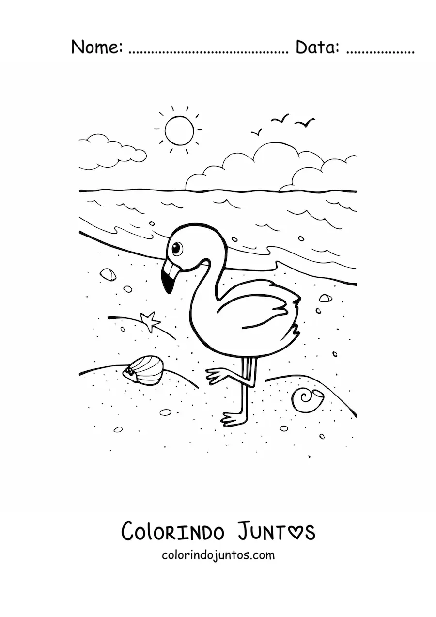 Desenho para colorir de um flamingo na praia