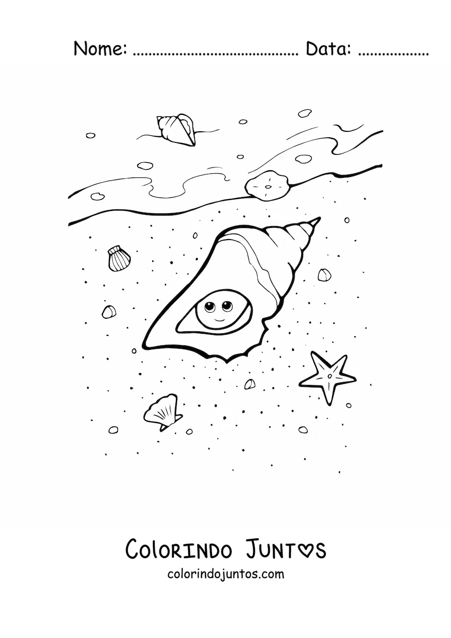 Desenho para colorir de um búzio kawaii na praia