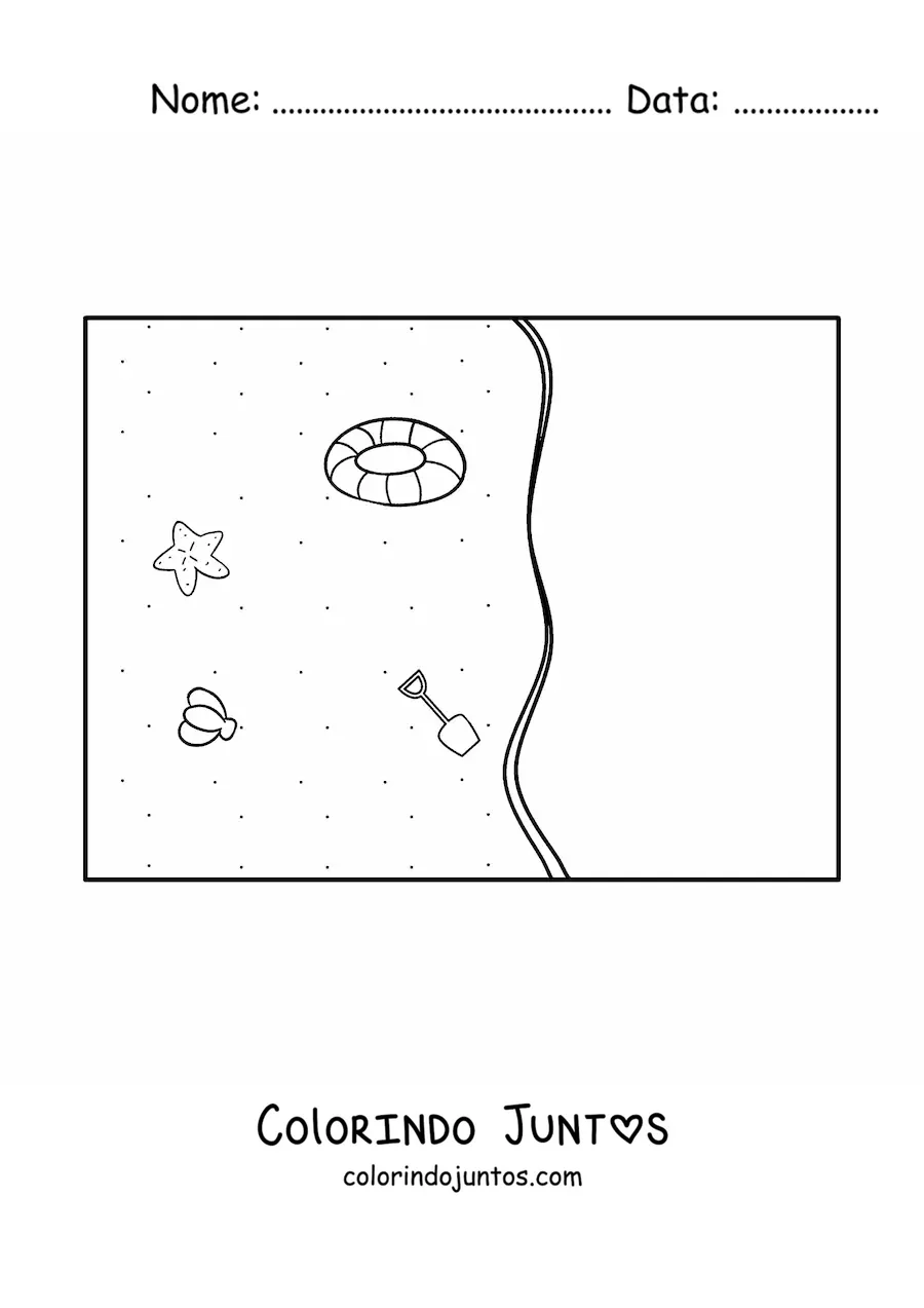 Desenho para colorir de vários brinquedos de praia na areia