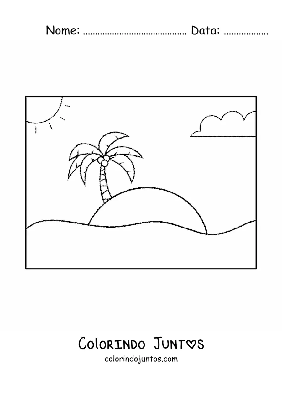 Desenho para colorir de uma praia, o sol e uma palmeira